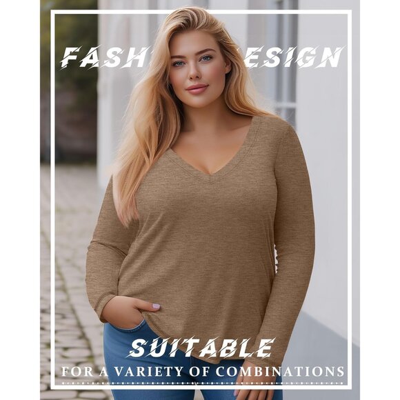 Women's Plus Size T Shirts 3 Pack Long Sleeve V Neck Casual Soft Tops - Picture 5 of 6